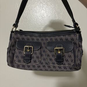 Dooney & Bourke Logo Canvas Satchel Double Pocket Shoulder Bag Leather Trim Blue